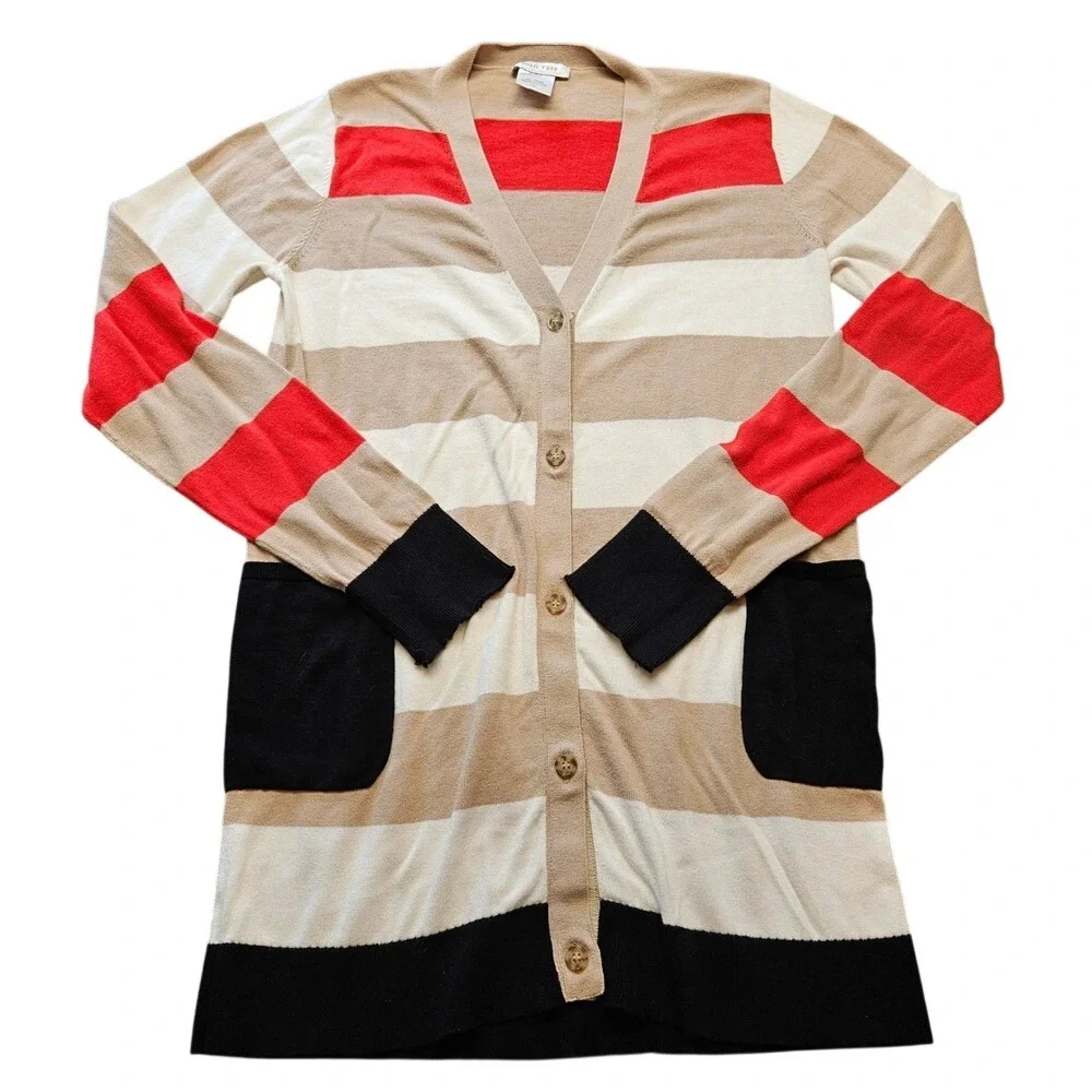 Joan‎ Vass Womens Striped Longline Cotton Cardigan Sweater Red Tan Black Size M